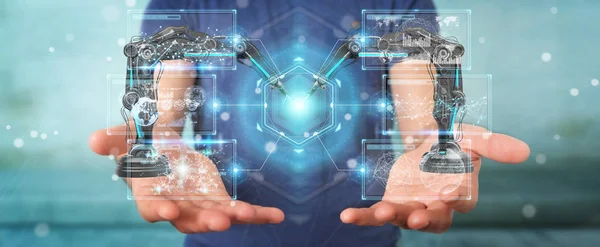 Бізнесмен використовує робототехнічні руки з цифровим екраном 3D рендерингу — стокове фото