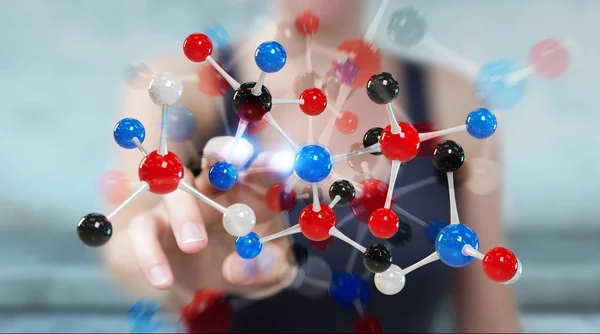 Businesswoman usando la estructura moderna de la molécula representación 3D —  Fotos de Stock
