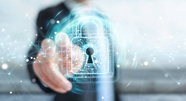 Businessman using digital padlock with data protection 3D render