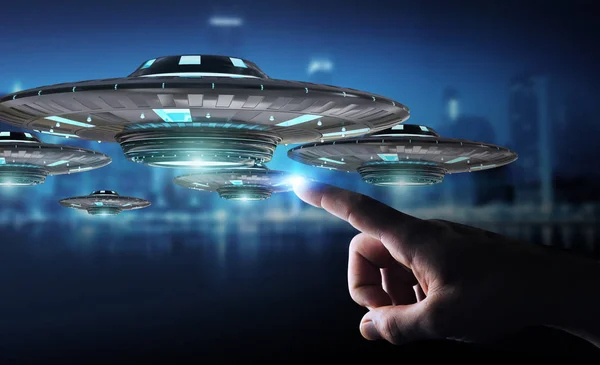 Zakenman met retro Ufo ruimteschip 3D-rendering — Stockfoto