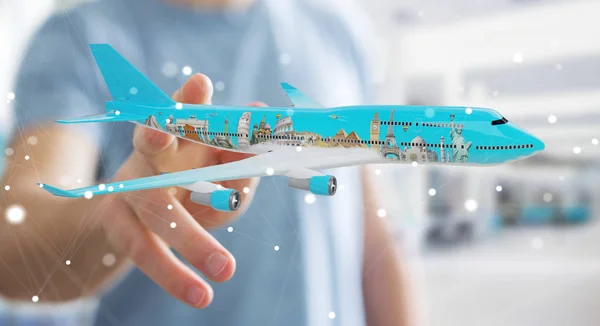 Empresario con avión y famosos hitos del mundo 3D rend — Foto de Stock