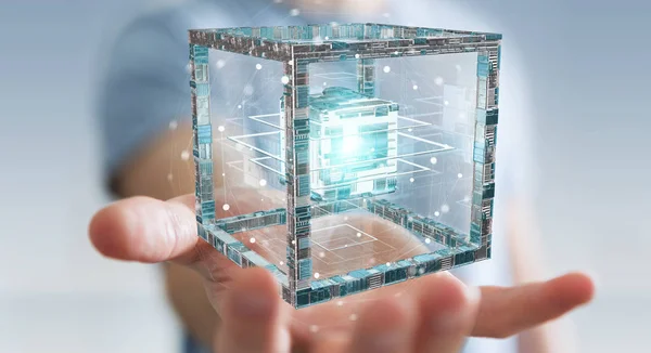 Geschäftsmann mit futuristischen Würfel texturierten Objekt 3D-Rendering — Stockfoto