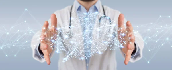 Doctor holding digital brain interface 3D rendering — Stock Photo, Image