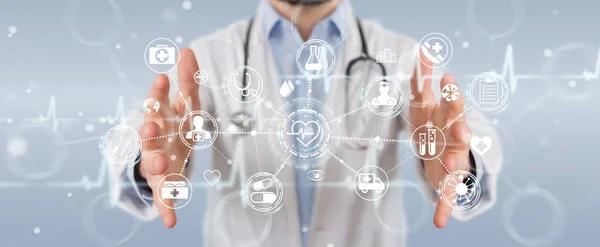 Lékař pomocí rozhraní digitálního lékařského futuristické 3d vykreslování — Stock fotografie