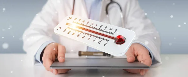 Läkaren håller red hot digital termometer 3d-rendering — Stockfoto