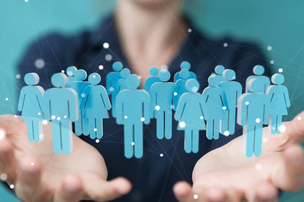 Affärskvinna holding och röra 3d rendering grupp blå pe — Stockfoto