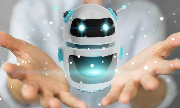 Деловая женщина с помощью цифрового робота Chatbot приложение 3D рендери
