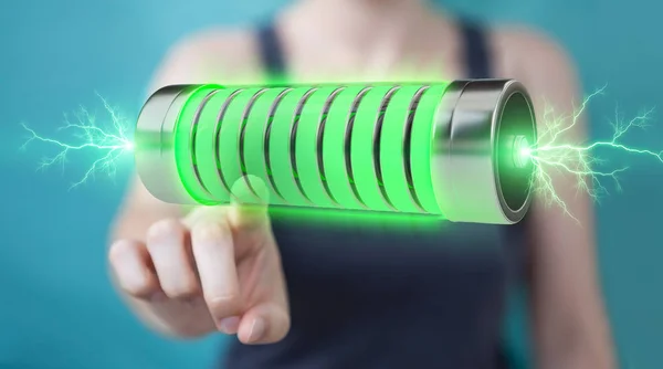Бізнесмен використовує зелений акумулятор з тривимірним рендерингом блискавок — стокове фото
