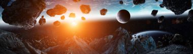 Uçan Asteroitler ile Dünya gezegeninin panoramik görünümü kapat 3d re