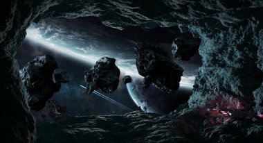 Asteroid bir mağarada keşfetmek astronotlar 3d işleme öğeleri