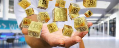 İşadamı bitcoins cryptocurrency 3d işleme kullanarak