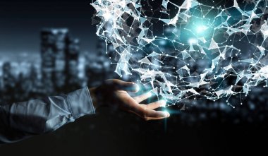 Uçan ağ bağlantısı 3d render tutan işadamı