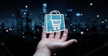 Dijital alışveriş simgeleri 3B oluşturmayı kullanarak iş adamı