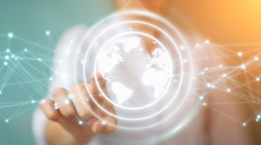 Planet earth ağ küre 3d işlemesini kullanan iş kadını