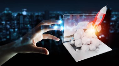 Bir laptop 3d render roket başlatılması ile iş kadını