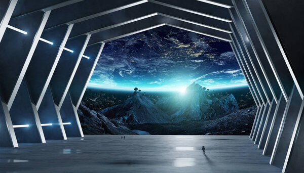 Huge blueish hall spaceship interior 3D rendering elements of this image furnished by NASA