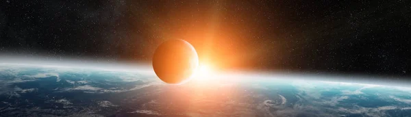 Panoramiczny widok na planetę ziemię z księżyc 3d renderowania elemen — Zdjęcie stockowe