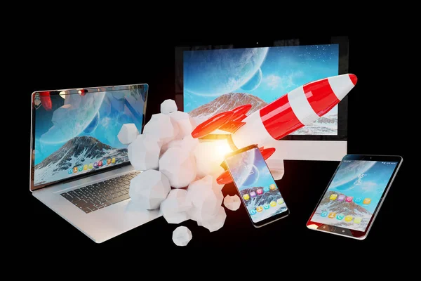 Dispositivos e iconos tecnológicos aplicaciones conectadas renderizado 3D —  Fotos de Stock
