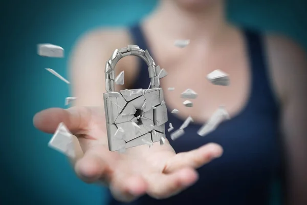 Businesswoman hacking in broken padlock security 3D rendering — Stock Photo, Image
