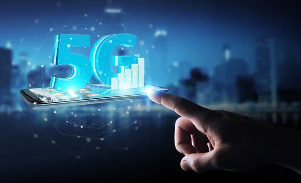 5 g ağ istimal hareket eden telefon 3d render ile işadamı — Stok fotoğraf