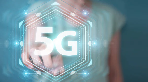 Imprenditrice che utilizza l'interfaccia di rete 5G rendering 3D — Foto Stock