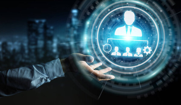 Бизнесмен, использующий график бизнес-лидерства 3D рендеринг
