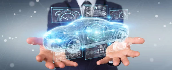 Geschäftsmann mit moderner Smart-Car-Schnittstelle 3D-Rendering — Stockfoto