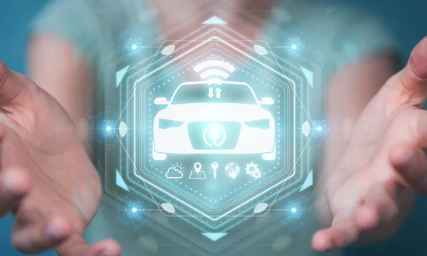 Affärskvinna med modern smart bil gränssnitt 3d-rendering — Stockfoto