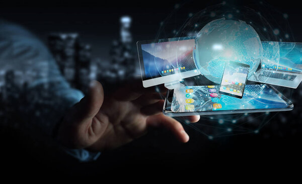 Бизнесмен, соединяющий технологические устройства и иконки 3D re
