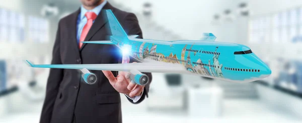 Uomo d'affari con aereo e famosi punti di riferimento del mondo 3D rend — Foto Stock