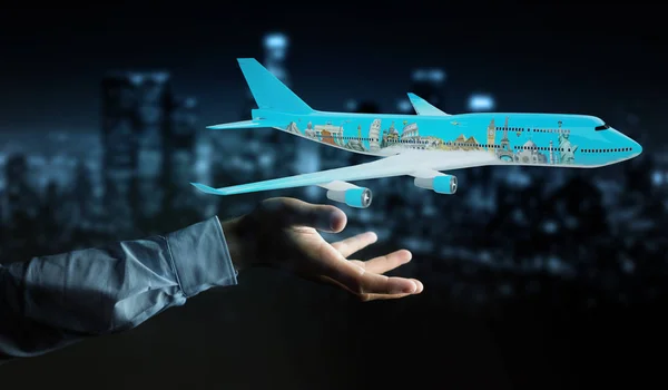 Businessman with plane and famous landmarks of the world 3D rend — Stock Photo, Image