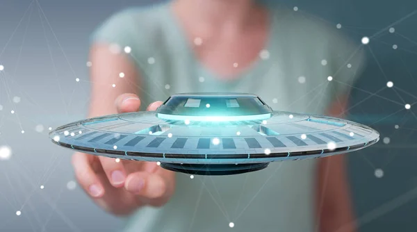 Donna d'affari con astronave retrò UFO rendering 3D — Foto Stock