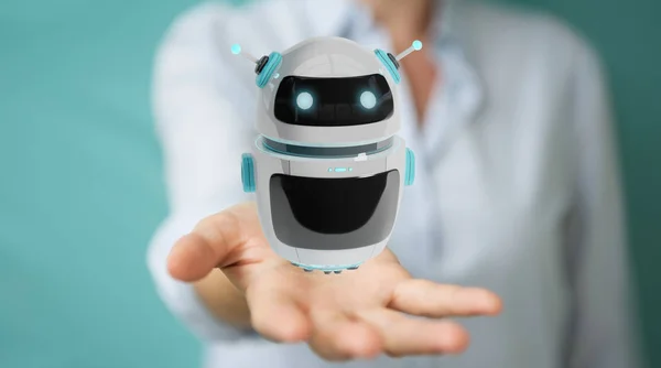 Empresária usando aplicativo digital chatbot robô 3D renderi — Fotografia de Stock
