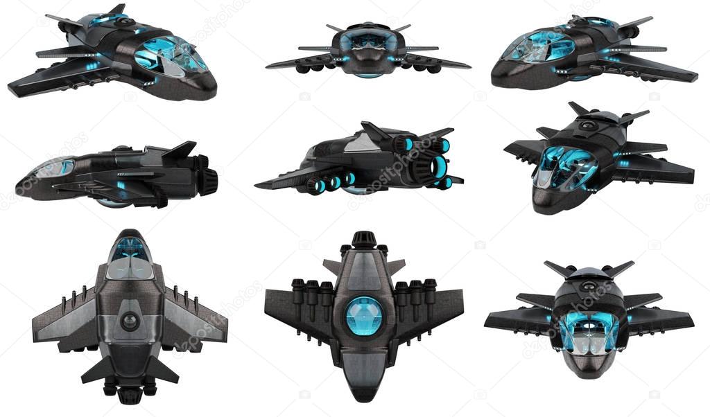 Futuristic spacecraft collection isolated on white background 3D