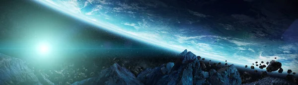 Panoramic view of planet Earth with asteroids flying close 3D re — Stock Photo, Image