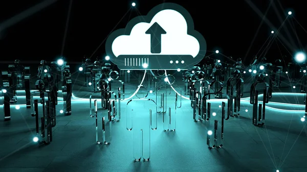 Nuvem digital iluminando um grupo de pessoas renderização 3D — Fotografia de Stock