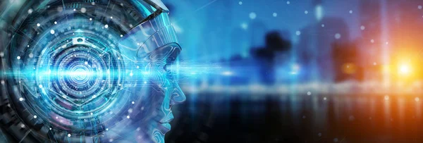 Cyborg head using artificial intelligence to create digital inte — Stock Photo, Image