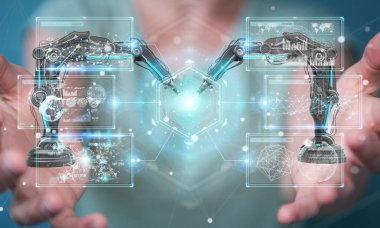 Robotik Kol dijital ekran 3d renderi ile kullanarak iş kadını