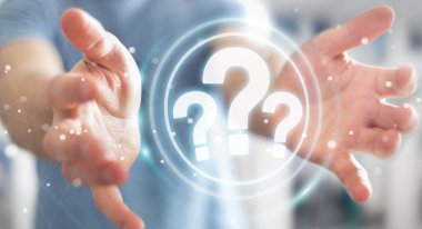 Soru işaretleri dijital arabirimi 3d rendering kullanarak iş adamı