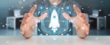 Başlangıç dijital arabirimi 3d rendering kullanarak iş adamı