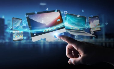 İşadamı teknik cihazlar ve simgeler uygulamaları 3d re bağlanılıyor