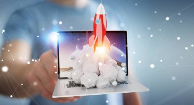 Bir laptop 3d render roket başlatılması ile iş adamı