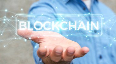 İşadamı blockchain cryptocurrency arabirimi 3d renderi kullanarak