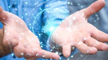 Planet earth ağ küre 3d işlemesini kullanan iş adamı