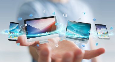 İşadamı teknik cihazlar ve simgeler uygulamaları 3d re bağlanılıyor