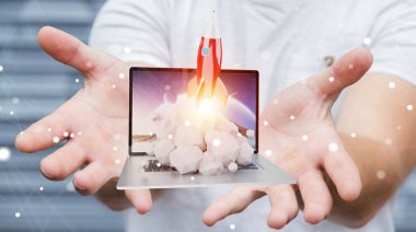 Bir laptop 3d render roket başlatılması ile iş adamı