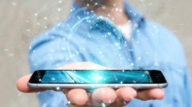 Planet earth ağ küre 3d işlemesini kullanan iş adamı