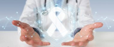 Doctor using digital ribbon cancer interface 3D rendering clipart