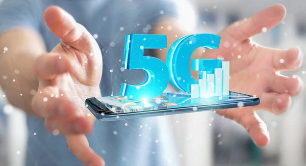 Empresario que utiliza la red 5G con renderizado 3D del teléfono móvil —  Fotos de Stock