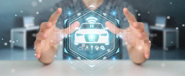 Επιχειρηματίας χρησιμοποιώντας σύγχρονο αυτοκίνητο smart διασύνδεση 3d rendering — Φωτογραφία Αρχείου